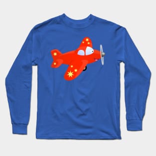 Cute happy red plane flying cartoon illustration Long Sleeve T-Shirt